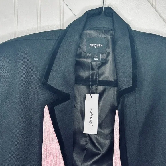 Nasty Gal Premium Tassel Trim Blazer Black with Pink Fringe Size 0 - Picture 9 of 9